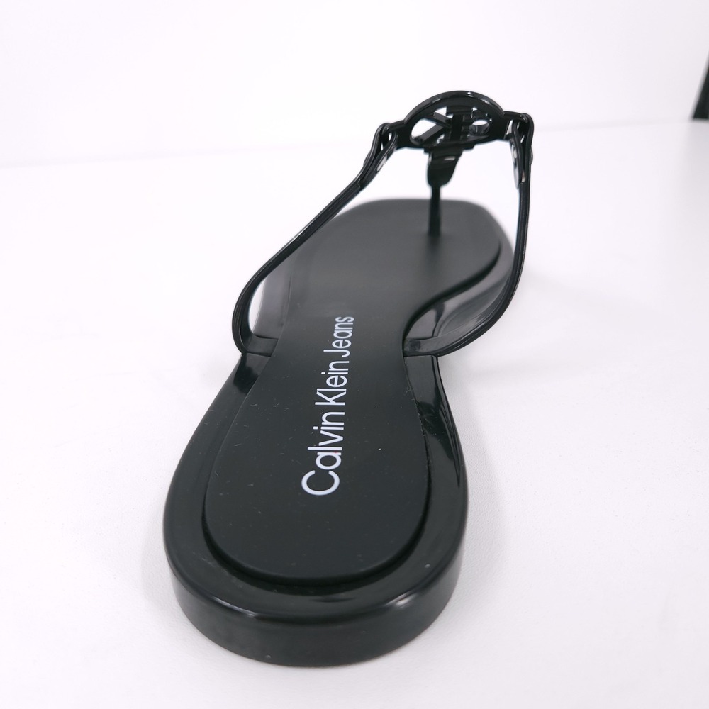 Calvin Klein Edhen Black Flat T Strap Thong Logo Sandals Womens Size 6 M - Picture 11 of 16